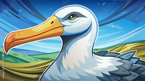 Majestic albatross with a large golden beak and white feathers, set against a scenic coastal landscape with a bright blue sky