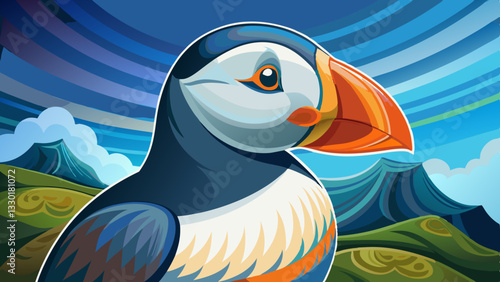 Colorful puffin with a bright orange beak and detailed feathers, set against a stylized coastal landscape with rolling hills and a dynamic blue sky