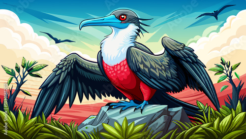 A majestic frigatebird with outstretched wings perched on a rock, displaying a vibrant red throat pouch against a colorful sky and lush tropical landscape