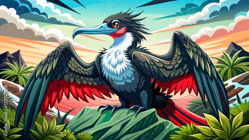 A powerful frigatebird with striking black and red wings spreads its feathers while perched on a rock in a tropical landscape with lush greenery and dramatic skies