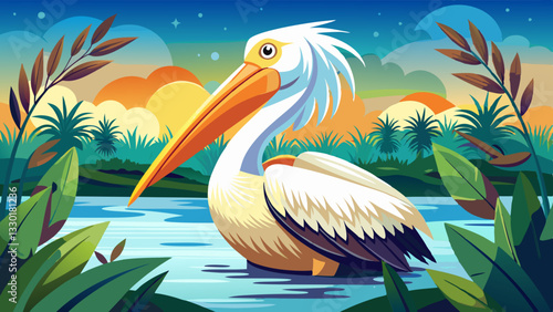 Graceful pelican with an elongated beak and elegant white feathers, standing in a serene wetland at sunset surrounded by lush tropical plants