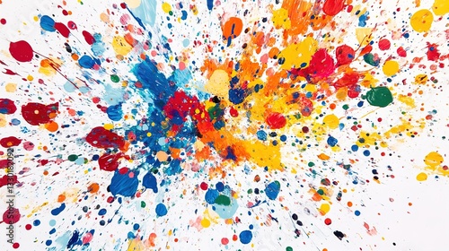 A dynamic explosion of multicolored paint splatters frozen in motion, showcasing bold creativity and artistic expression, cutout isolate white background 