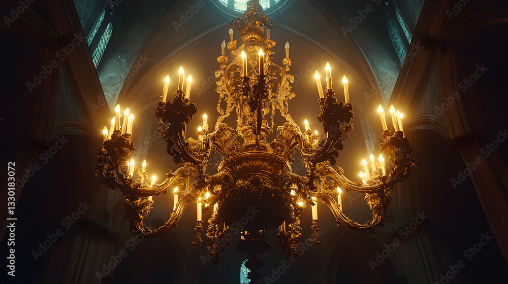 Φωτογραφία Photography capturing the delicate details of a Gothic chandelier, suspended from a high vaulted ceiling with ornate metalwork and dim candle-like lighting casting long shadows