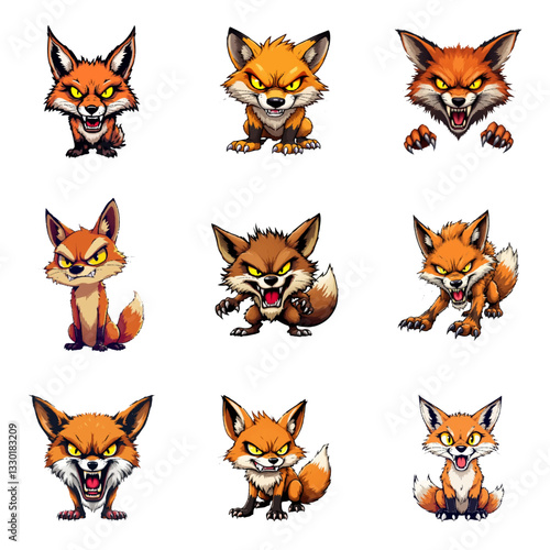 set of fox angry vector element, animal, cartoon, cat, dog, vector, set, illustration, head, pet, fox, icon, pig, tiger, cute, bear, animals, collection, baby, face, funny, rabbit, cow, character