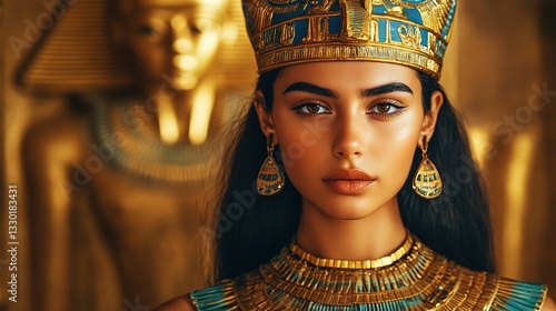 pretty Ancient Egyptian woman wearing ancient historical attire with headdress at ancient castle