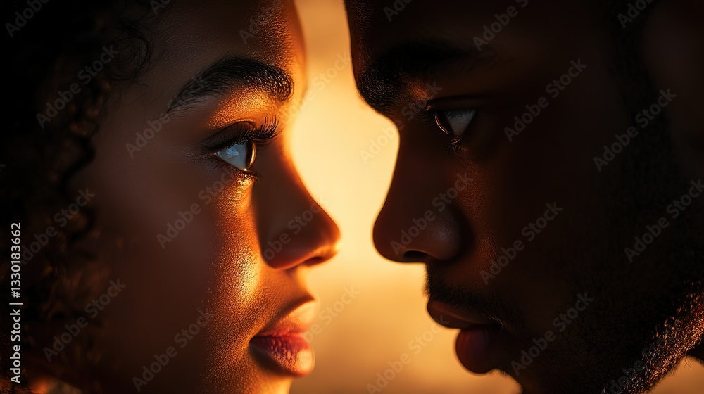 close up face portrait young African black woman and man looking in each other eyes in dramatic light close up face portrait young African black woman and man looking in each other eyes in dramatic light