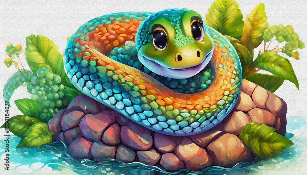 CARTOON CHARACTER Cute baby Camouflaged Snake Relaxing on Sunlit Rock OIL PAINTING STYLE CARTOON CHARACTER Cute baby Camouflaged Snake Relaxing on Sunlit Rock OIL PAINTING STYLE