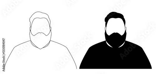 A profile illustration of a bearded man's silhouette. An outline big man with a beard profile illustration. A black and white overweight man avatar picture.