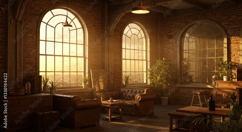 Fototapeta premium Vintage loft apartment with brown leather furniture and big window with warm light. Interior design in retro style with space and copy space. Home decor and inspiration