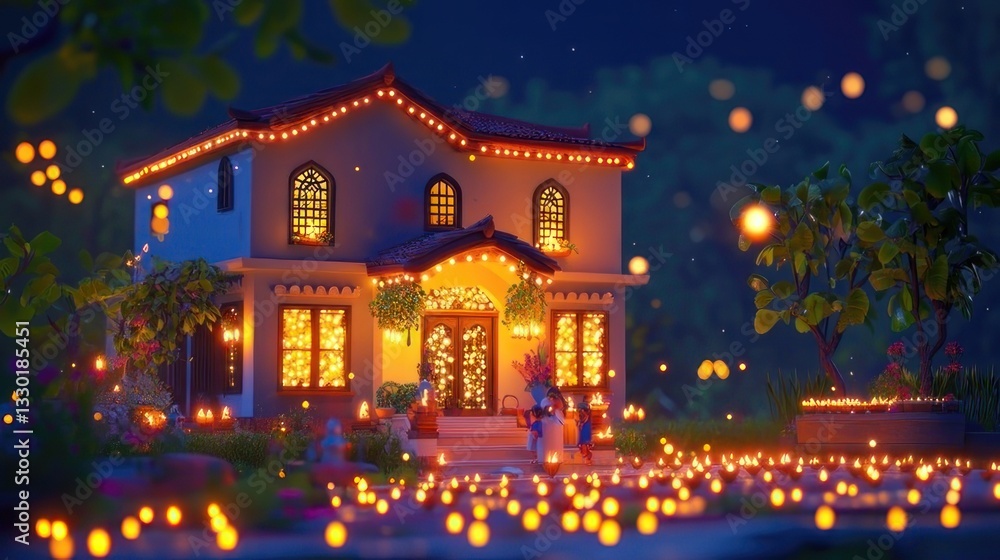Warm, inviting home at night, decorated with festive lights and small lanterns Warm, inviting home at night, decorated with festive lights and small lanterns