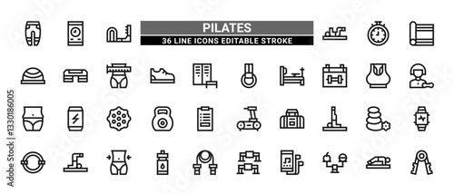 36 Pilates Line Icons Set Pack Editable Stroke Vector Illustration.