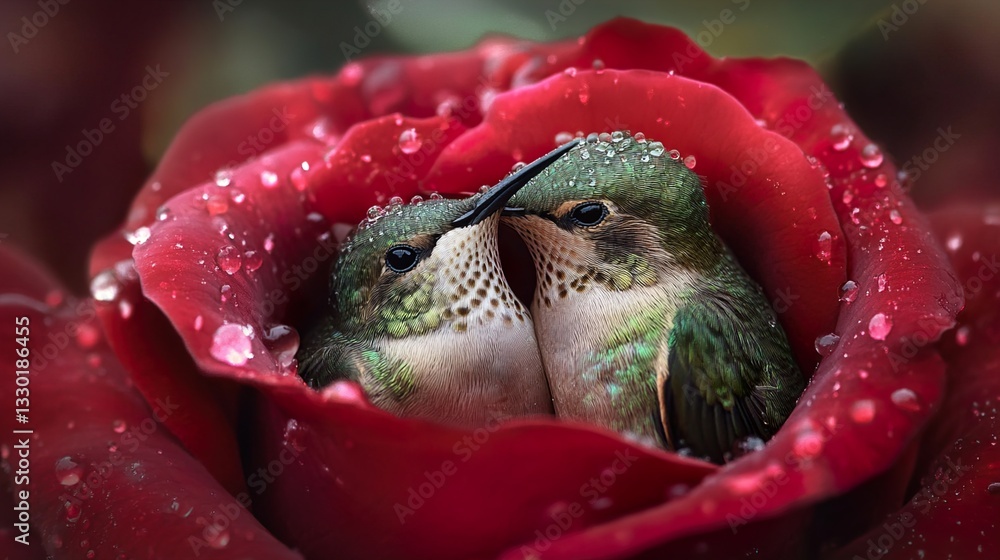 Fototapeta premium Hummingbirds Nestled in a Red Rose for Nature Lovers