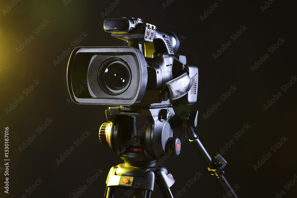 Fototapeta premium Modern video camera with tripod on black background, closeup