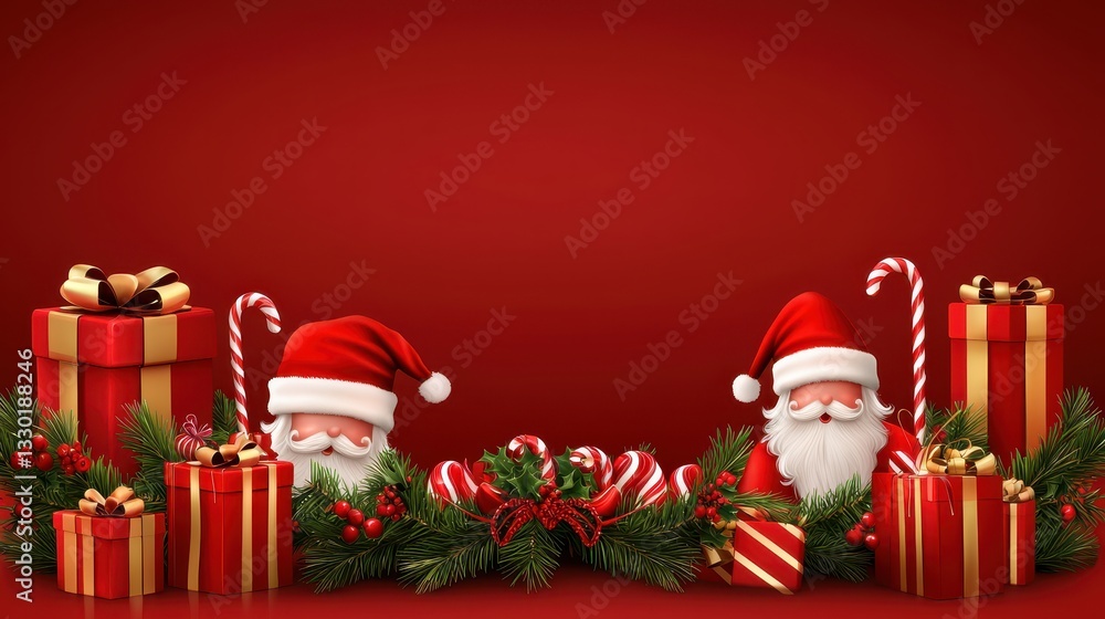 Fototapeta premium Festive Christmas Scene with Santa, Gifts, and Holiday Decorations