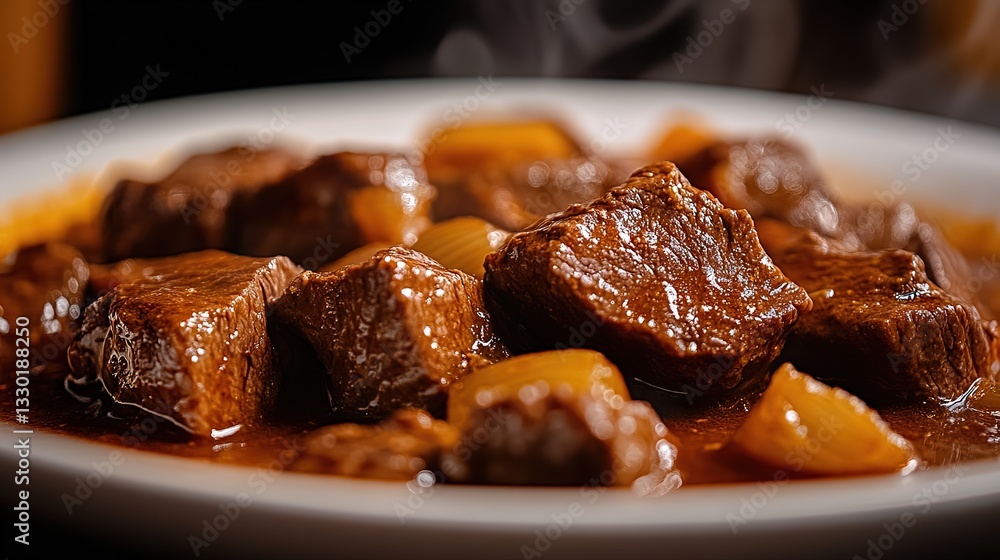 Close up of a steaming hot beef stew look yummy and well cooked Close up of a steaming hot beef stew look yummy and well cooked