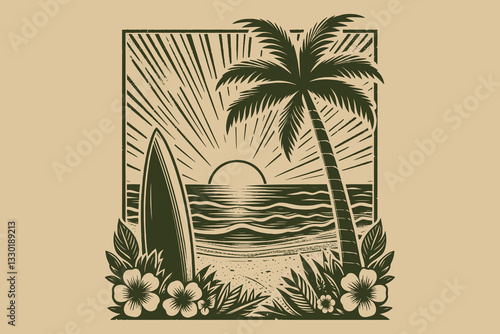 Vintage tropical beach scene with palm, surfboard, and sunset