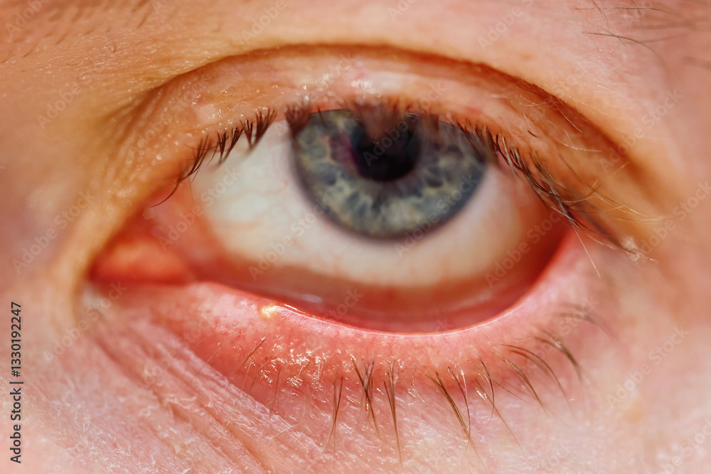 Tender and inflamed pimple on the eyelid with visible pus, early-stage stye formation. Irritated and swollen eyelid with pus filled pimple, bacterial infection, redness, and discomfort