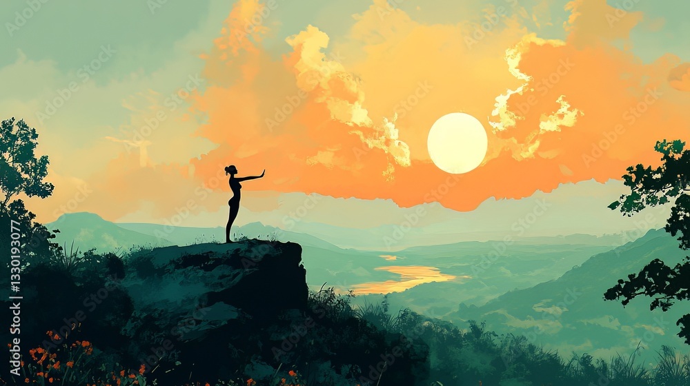Obraz premium Serene Yogi Performing Sun Salutation on a Hill Overlooking a Tranquil Valley