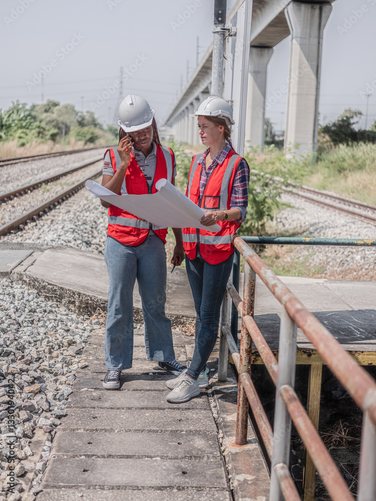 Multi-ethnic female engineers inspect the operation of a railway station using blueprints and Wookiee Tokki while working and are reporting problems to the central office.
