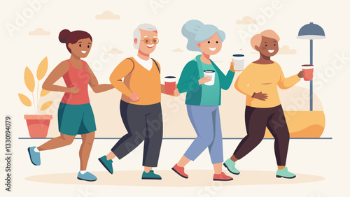 A local fitness center offers a senior power walking class attracting a group of retirees who make it a social event by grabbing coffee together afterwards.. Vector illustration