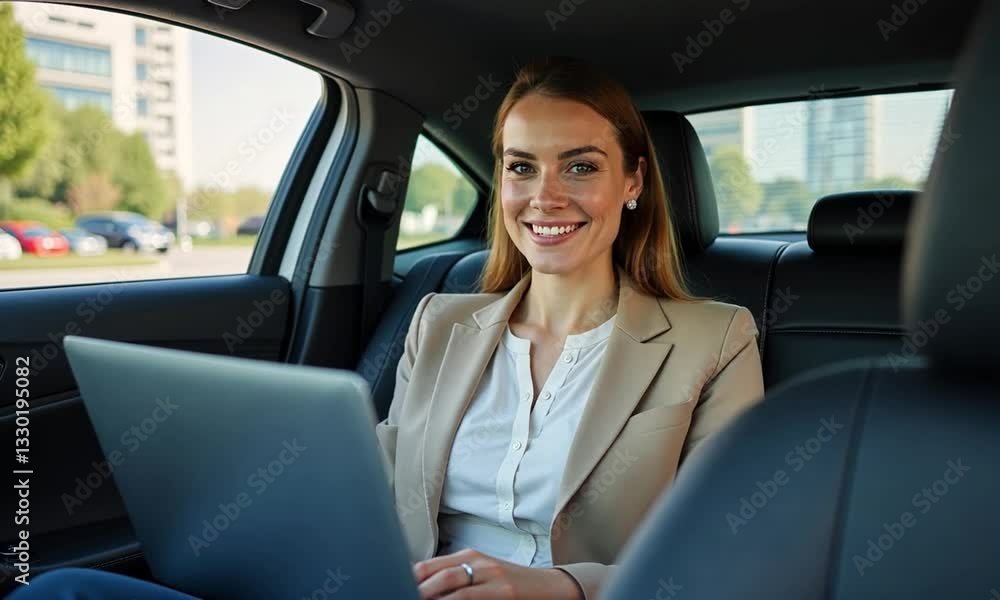 Businesswoman Working on Laptop Inside a Luxury Car Businesswoman Working on Laptop Inside a Luxury Car