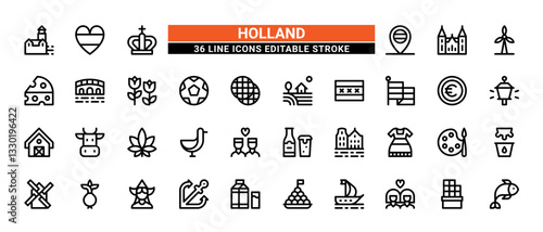 36 Holland Line Icons Set Pack Editable Stroke Vector Illustration.
