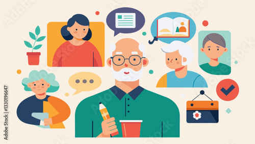 A collage making class encouraging seniors to use different materials to create a visual representation of their thoughts and experiences.. Vector illustration