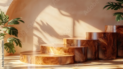 Abstract Wooden Steps in Bright Room with Green Plants and Shadows