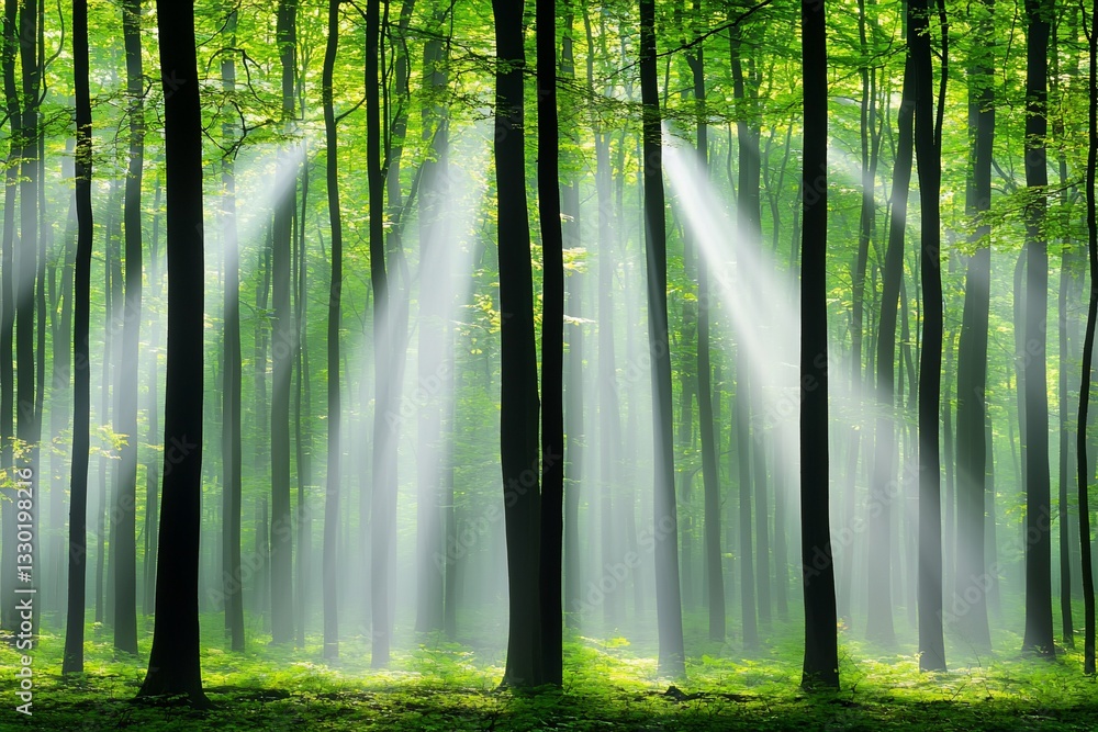 Fototapeta premium Sunbeams shining through misty green forest.