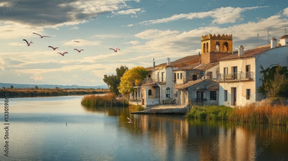 Obraz premium Picturesque village by a serene river, birds in flight