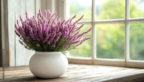 Purple heather flowers in white vase on window sill.