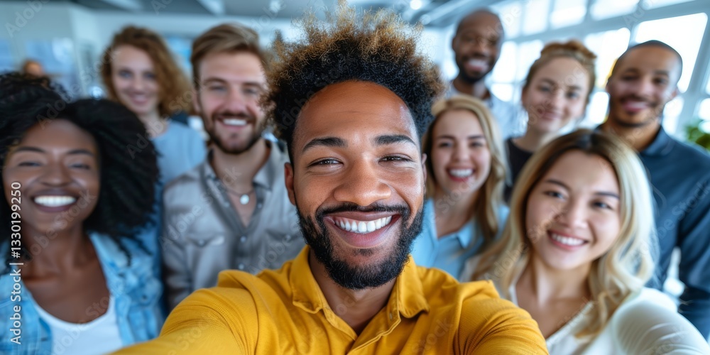 Professionals smiling for a selfie or profile picture at the workplace, capturing a happy moment together for social media or memories Professionals smiling for a selfie or profile picture at the workplace, capturing a happy moment together for social media or memories