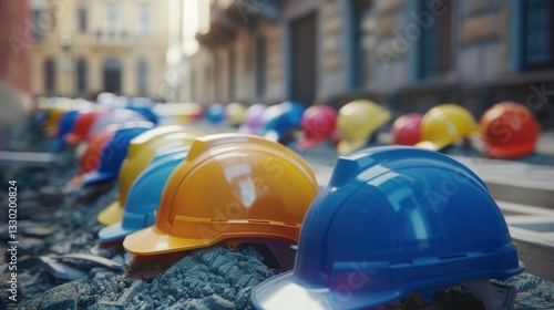 Assorted colorful hard hats piled on the ground. Workplace safety theme photo