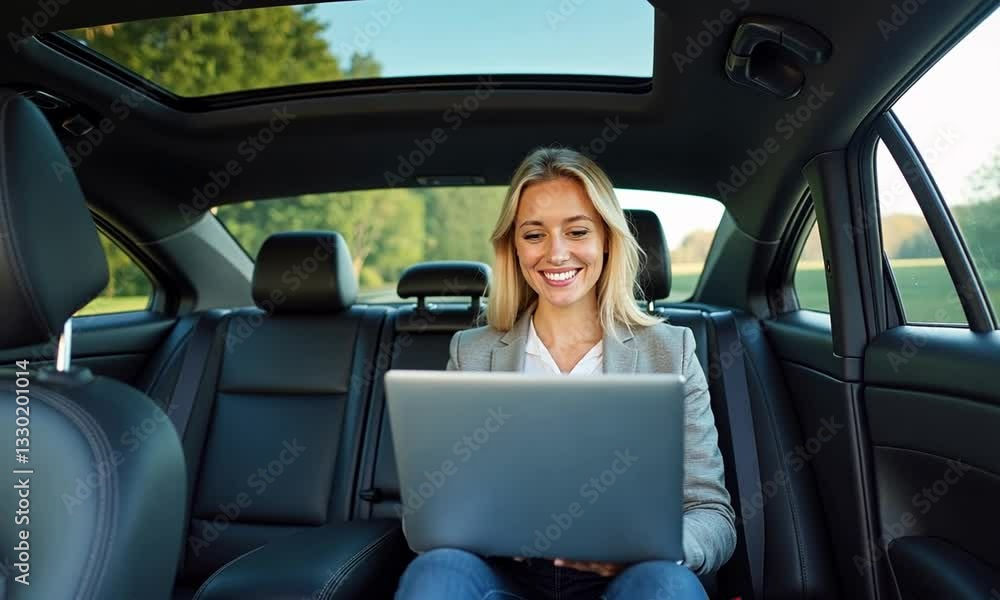 Businesswoman Working on Laptop Inside a Luxury Car Businesswoman Working on Laptop Inside a Luxury Car