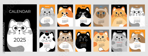 Calendar for 2025 Set of 12 month vector illustration in vertical format A4 A5. Hand Drawn kitten in cartoon style. Week starts on Monday.