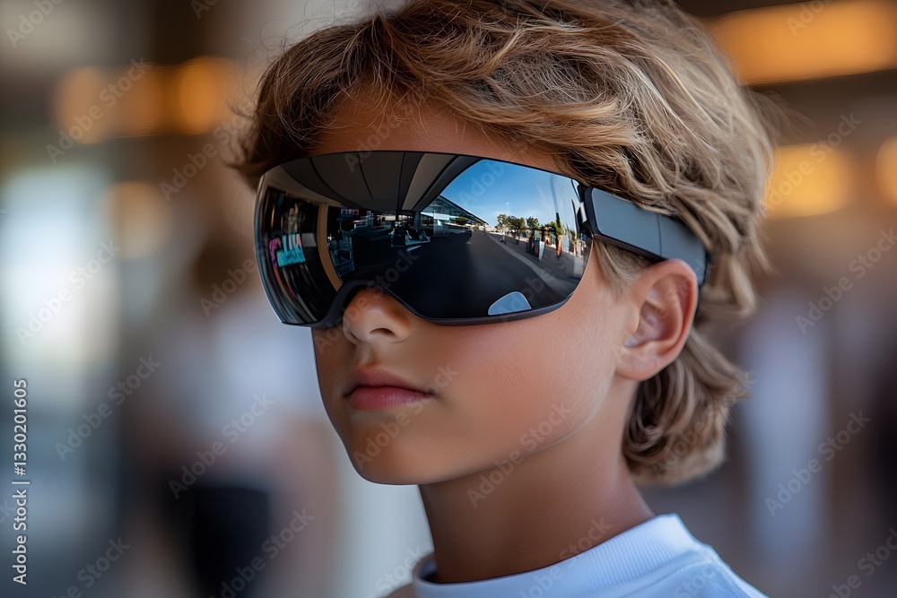 Boy in AI-powered smart glasses with an interactive HUD stands in a futuristic school. The scene feels exciting and visionary, perfect for content on future education, AI innovation or smart tech ads. Boy in AI-powered smart glasses with an interactive HUD stands in a futuristic school. The scene feels exciting and visionary, perfect for content on future education, AI innovation or smart tech ads.