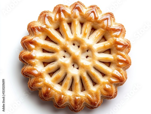 Small, plain shortcrust pie presented on a white background, offering a top - view high - definition perspective. The simple shortcrust pie, with its unadorned yet appealing appearance. photo