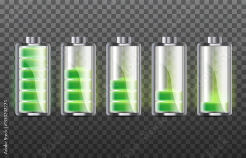 Vector set of battery charge indicators with low and high energy levels isolated on background
