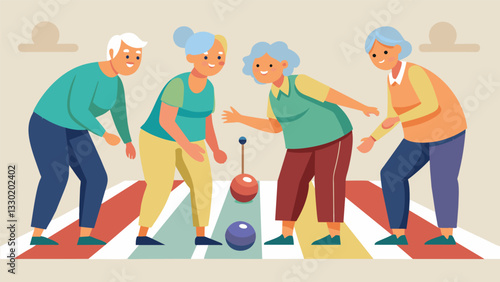 A group of seniors playing a game of modified bowling using a lighter ball and guide rails for those with limited mobility.. Vector illustration