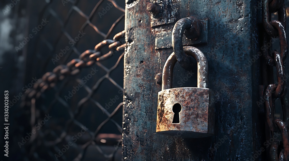 A rusty padlock securing a weathered door, symbolizing security and confinement. A rusty padlock securing a weathered door, symbolizing security and confinement.