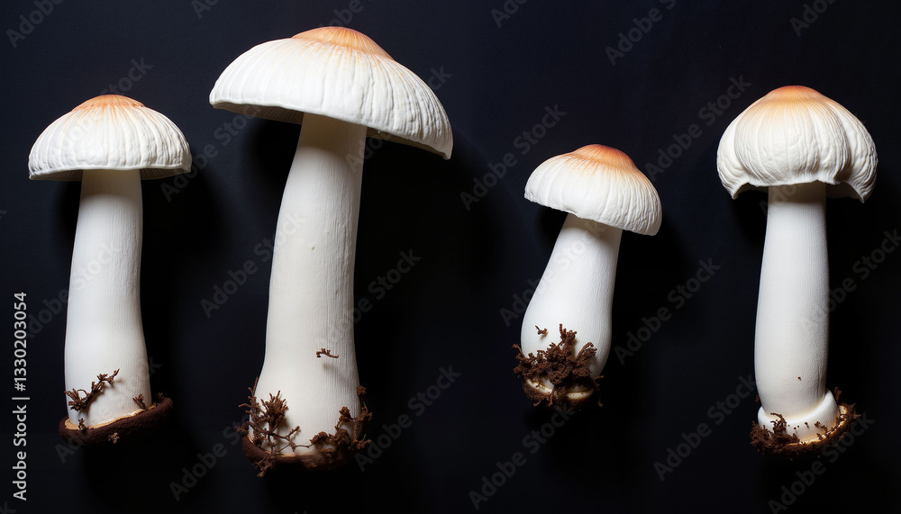 Elegant white mushrooms arranged on black backdrop, minimalist food art Elegant white mushrooms arranged on black backdrop, minimalist food art
