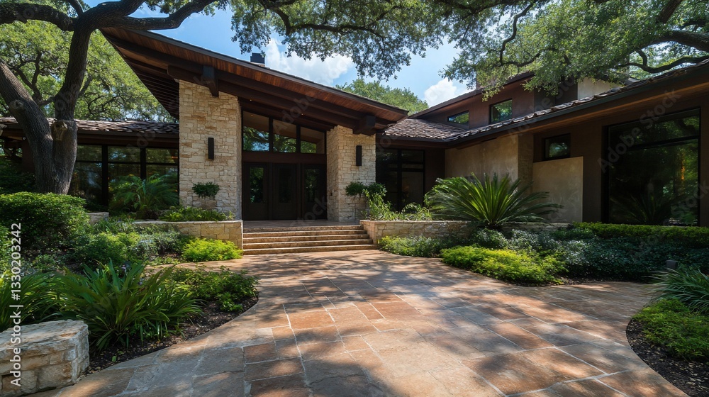 A stunning luxury home with a modern rustic design, featuring a grand entrance framed by natural stone walls and large glass windows. The house is surrounded by lush greenery and mature oak trees, cre A stunning luxury home with a modern rustic design, featuring a grand entrance framed by natural stone walls and large glass windows. The house is surrounded by lush greenery and mature oak trees, cre