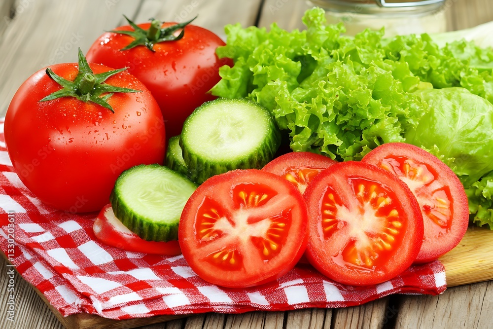 Vibrant Red Tomatoes, Crisp Cucumbers & Green Lettuce on Gingham Cloth Vibrant Red Tomatoes, Crisp Cucumbers & Green Lettuce on Gingham Cloth