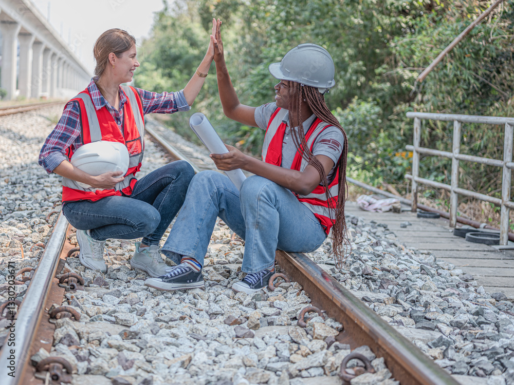 Female Architectural Engineer with Civil Planner Assistant and Inspector before working on Rail Transportation Project at Construction Site. Use Hi 5 or Hi five Hand for Success Concept.