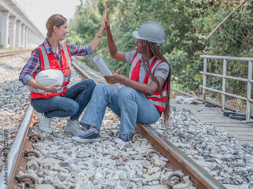 Obraz na płótnie Female Architectural Engineer with Civil Planner Assistant and Inspector before working on Rail Transportation Project at Construction Site. Use Hi 5 or Hi five Hand for Success Concept. w salonie