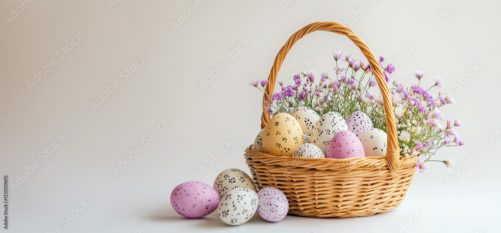 Basket with Easter eggs with black dots. Banner with copy space Basket with Easter eggs with black dots. Banner with copy space