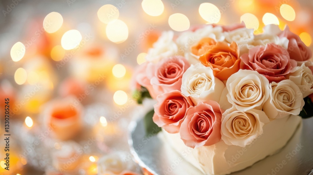 Elegant Cake Decorated with Roses Surrounded by Soft Lighting Elegant Cake Decorated with Roses Surrounded by Soft Lighting