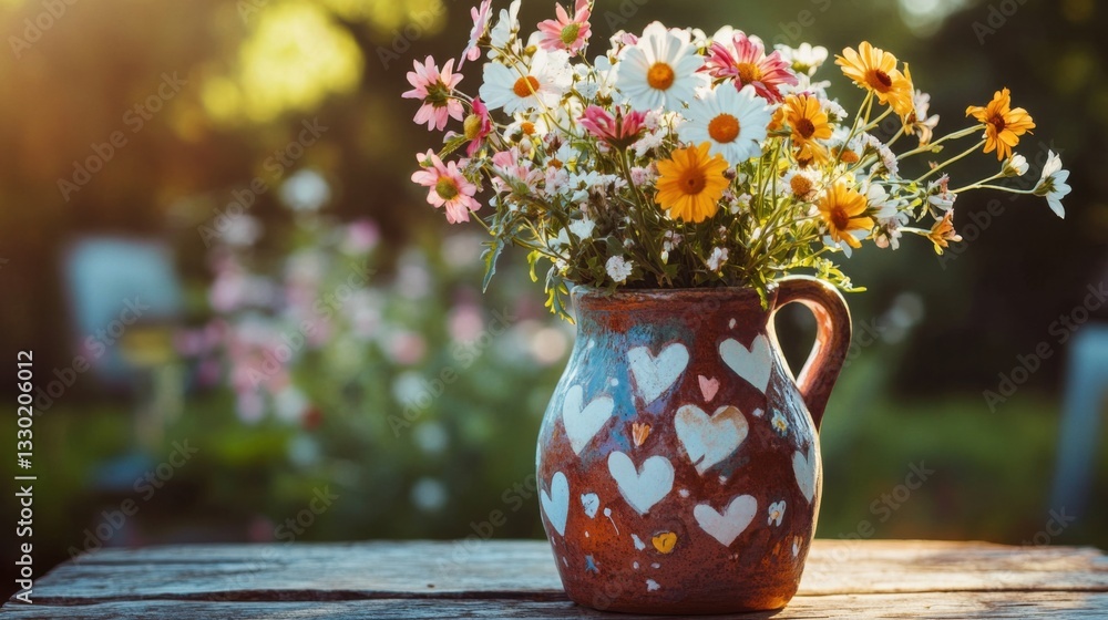 Colorful flower bouquet in rustic vase on wooden table outdoors Colorful flower bouquet in rustic vase on wooden table outdoors