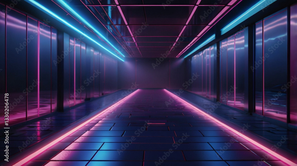 Fototapeta premium 3d render, abstract background, empty stage with neon lights, night club.