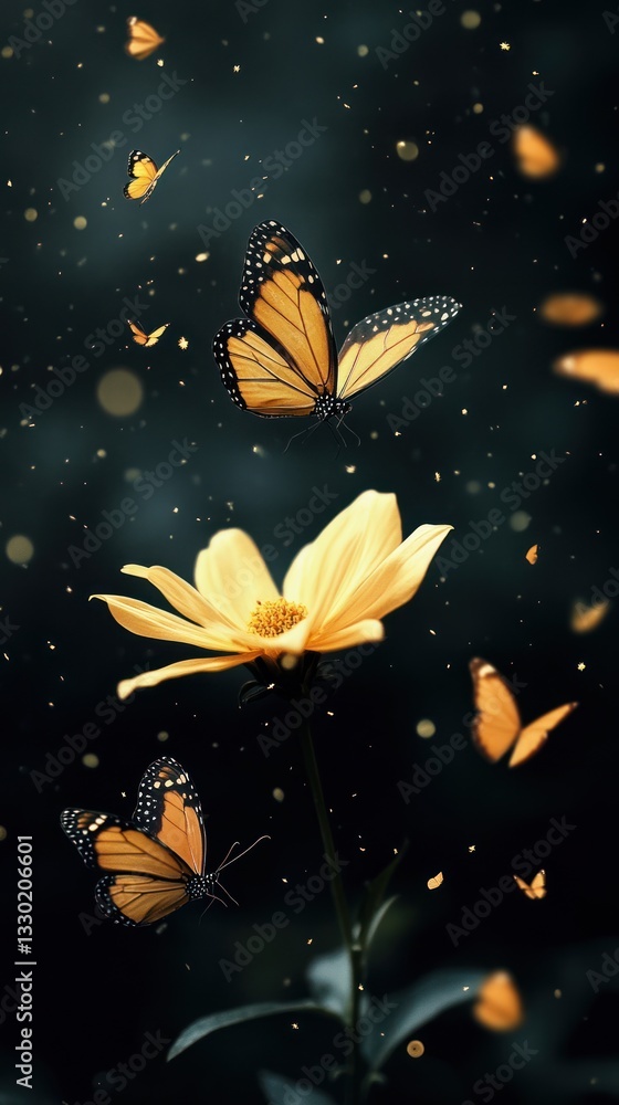 Several Butterflies Hovering Around A Beautiful Yellow Flower Several Butterflies Hovering Around A Beautiful Yellow Flower